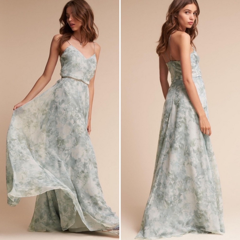 BHLDN Jenny yoo inesse green watercolor floral maxi formal gown dress bridesmaid